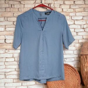 Lulus Slate Blue Split V-Neck Short Sleeve Chiffon Blouse Keyhole Back XS Top